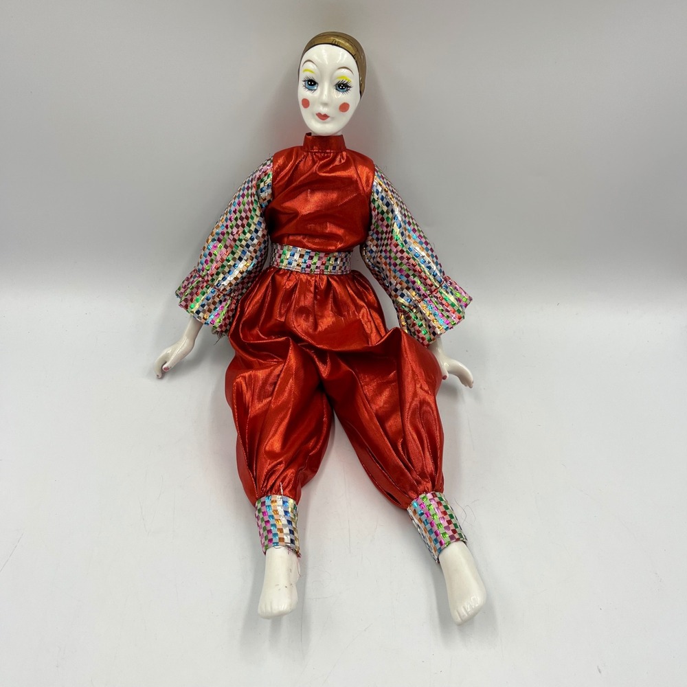 Vintage Porcelain Harlequin Clown Doll Red Metallic Jumpsuit Hand Painted Face
